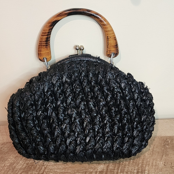 Gaymode Handbags - Vintage Wood Handle Purse Made in Japan Black Woven Acrylic Bowling Bag Shape